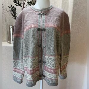 Carroll Reed 100% wool Nordic Fair Isle Cardigan Sweater Silver Clasps Pink Gray